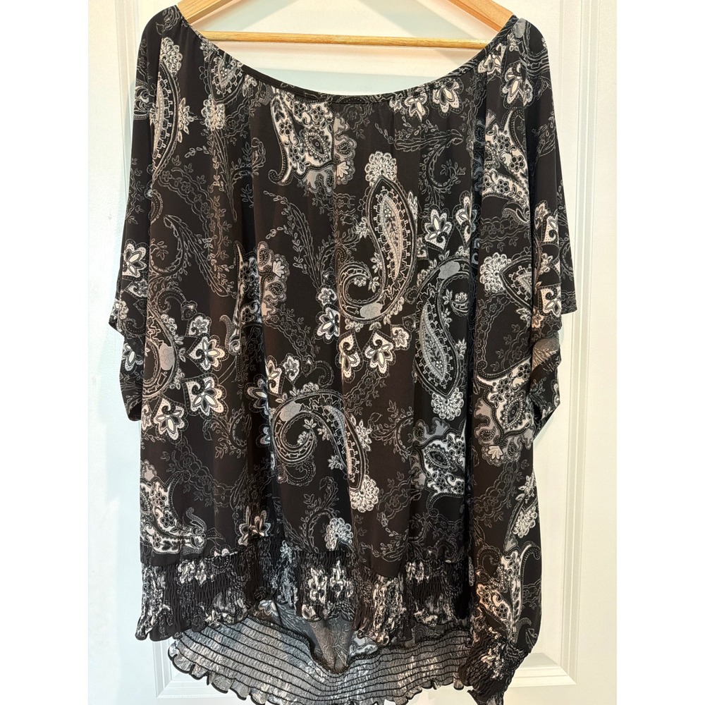 Apt 9 Women 3X Black White Paisley Smocked Hem Scoop Neck Blouse RN 73277